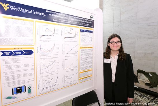 Student standing in front of research poster